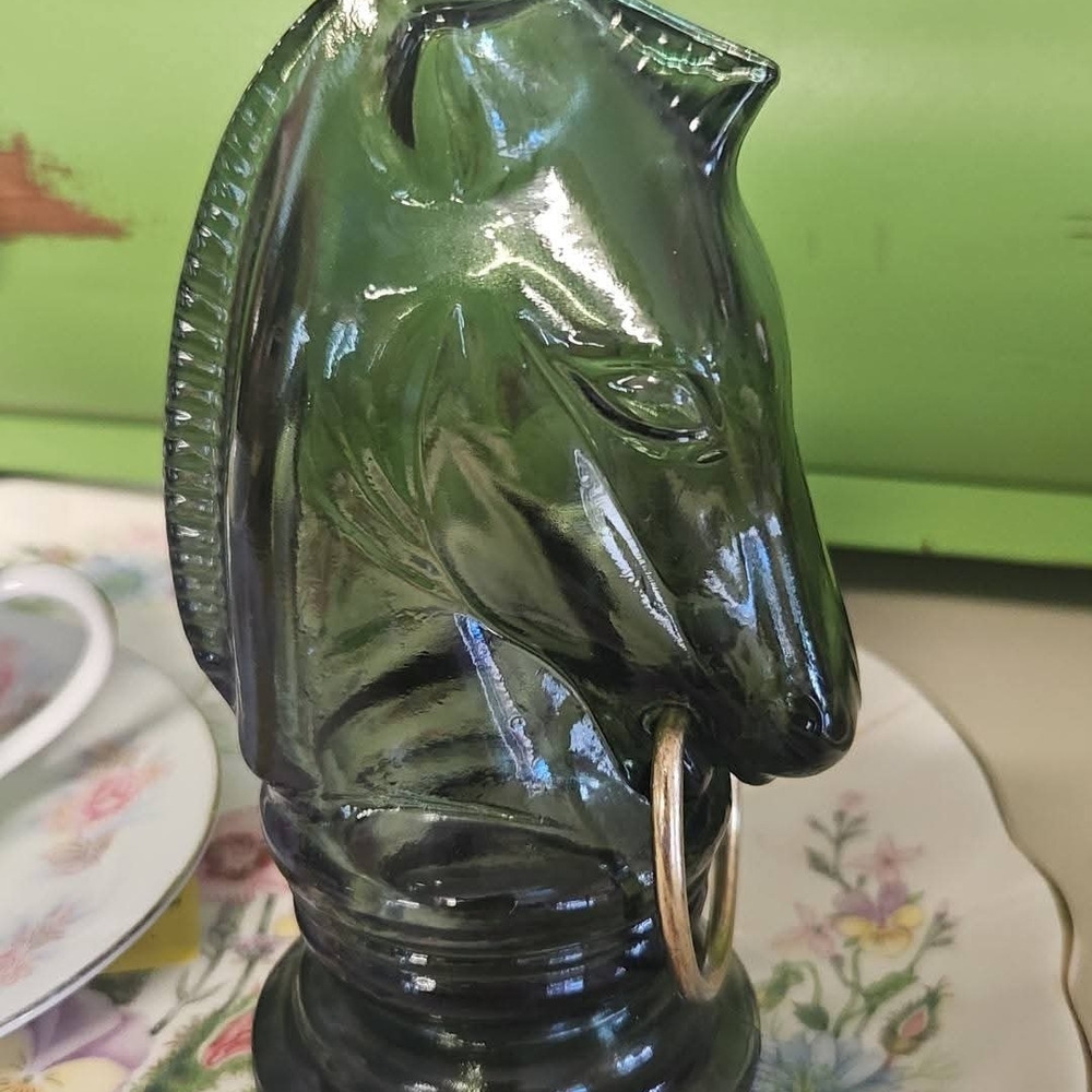 Glass Horse Head Bottle with Gold Ring - Deep Emerald Green